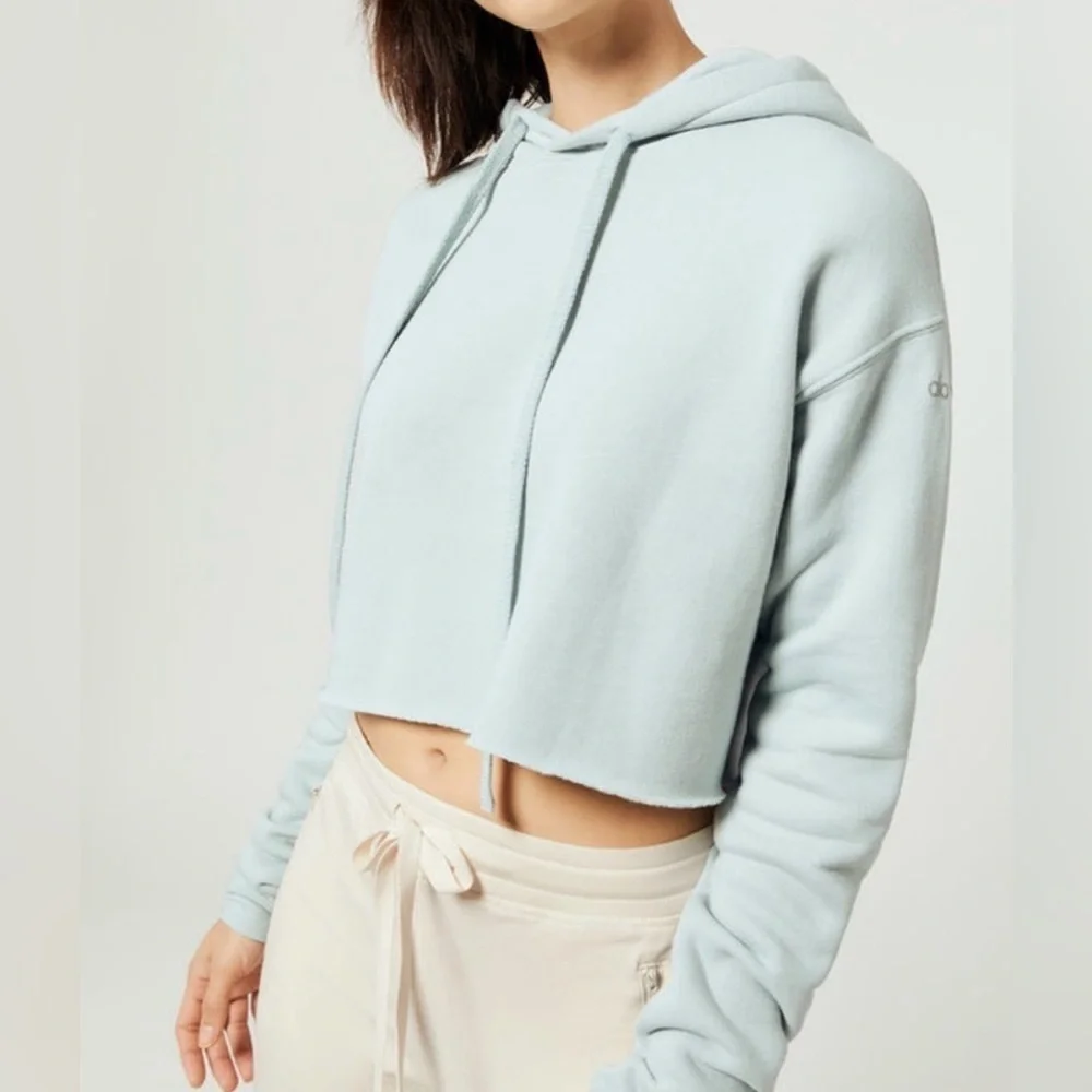 ALO Yoga Cropped Raw Edge Hoodie Light Blue Size Small